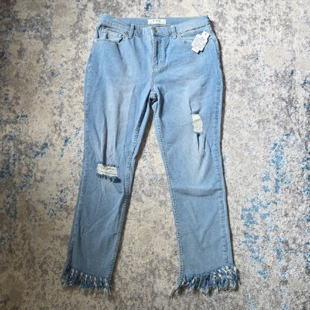 NWT We The Free Womens Size 30 Distressed Fringe Hem Zip Fly Stretch Blue Jeans